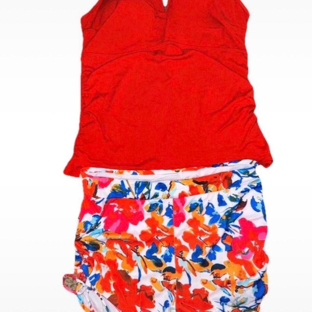 Summer Mae red halter top with orange, pink, and blue floral print shorts swim